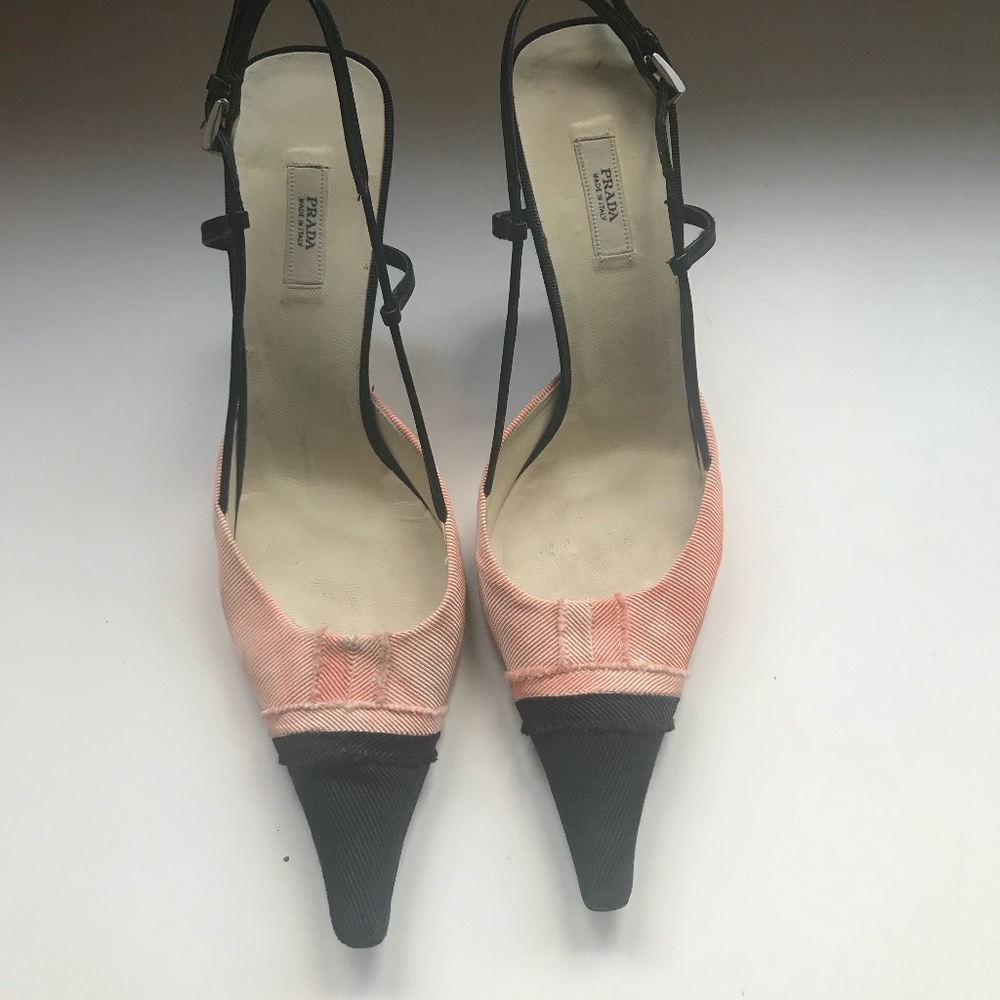 Prada black and tie-dye peach slingback heels